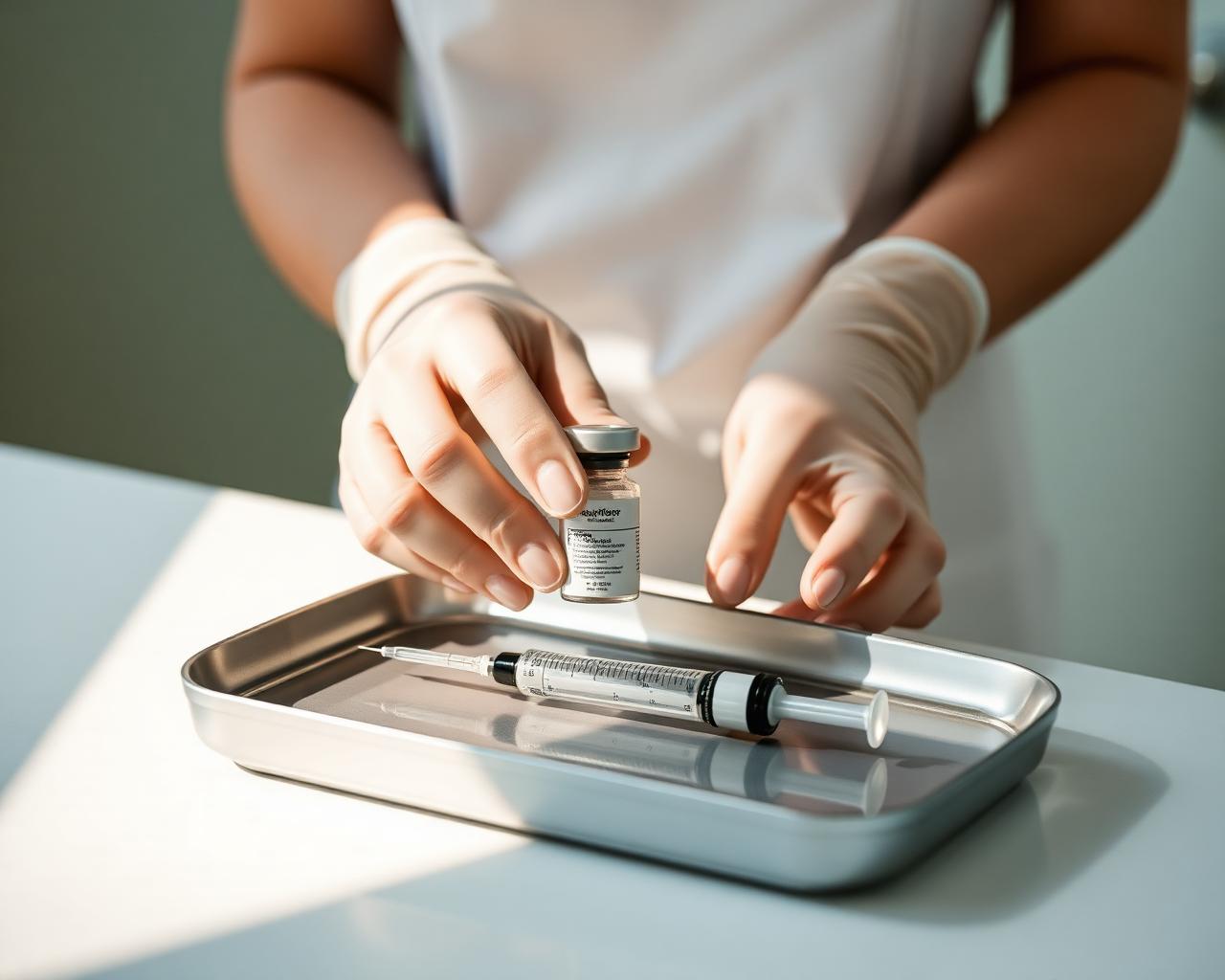 Nurse preparing a poly-L-lactic acid injectable for cheek treatment in a Scottsdale medical clinic